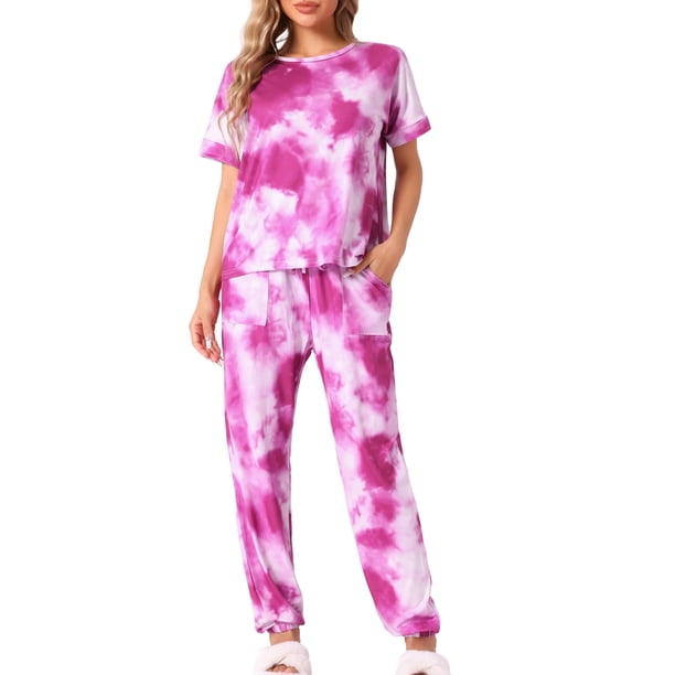 INSPIRE CHIC Conjunto de Pijama de Mujer con Diseño Tie Dye, Mezcla de Algodón Suave, Manga Corta, Ropa de Estar con Bolsillos L Rosa