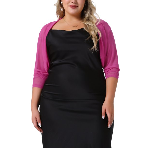 Agnes Orinda Women's Plus Size Escuela Universidad Manga Larga Abierta Frente Transparente Malla Bolero Chaqueta Corta Cárdigans 2X Rosa Fucsia