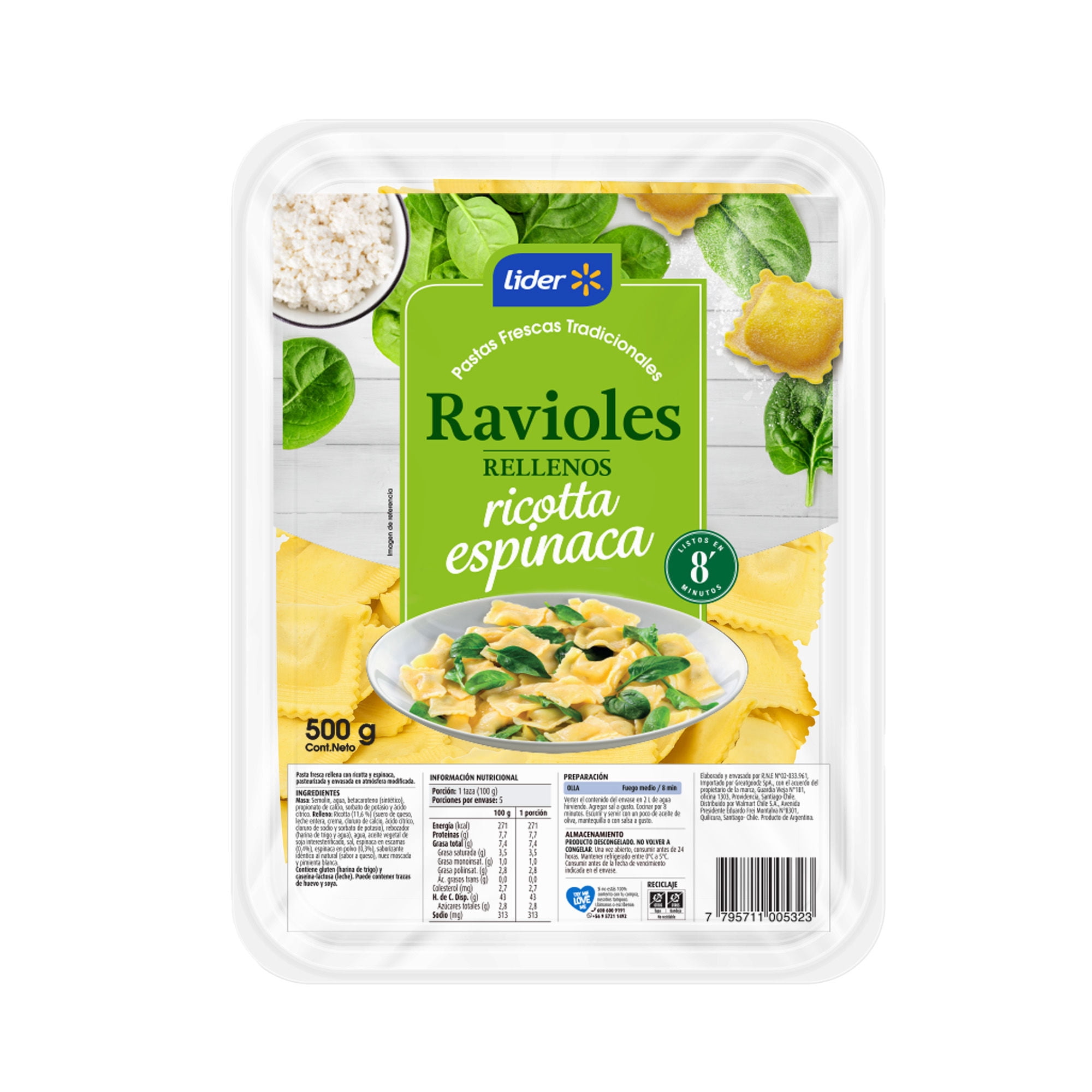 Pasta Fresca Ravioles Ricotta Espinaca 500 g Lider