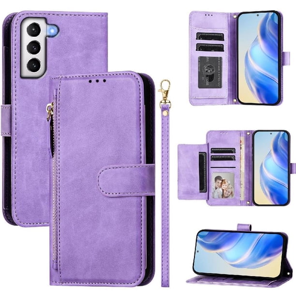 Funda Billetera Cremallera para Samsung Galaxy S22 5G con Porta Tarjetas, Soporte y Correa Morado