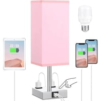 Xinqihang - Lámpara De Mesa Regulable De Tela, Lámpara De Mesita De Noche Con Bombilla Led Blanca Cálida, Luz De Escritorio, Control Táctil, Puertos De Carga Usb A Tipo C, 2 Tomas De Corriente, 3 Niveles De Inten