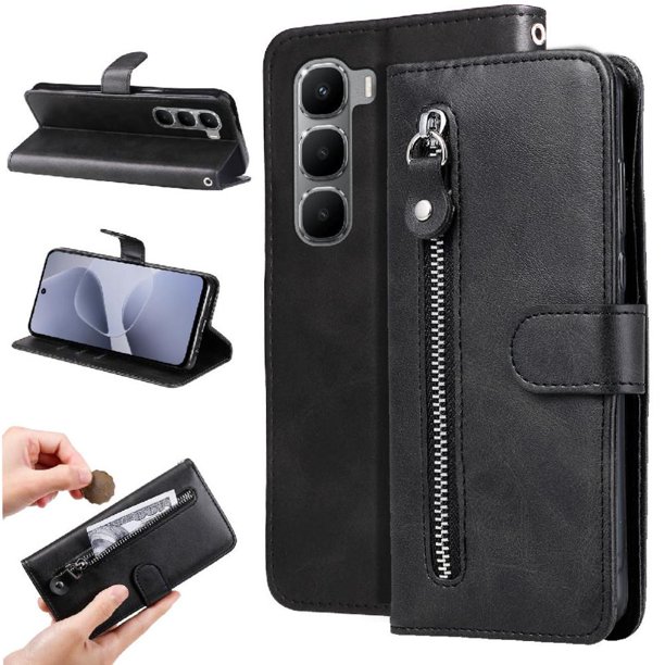 Funda tipo cartera para Infinix Hot 60i 4G con bolsillo con cremallera y ranuras para tarjetas – Función de soporte Negro
