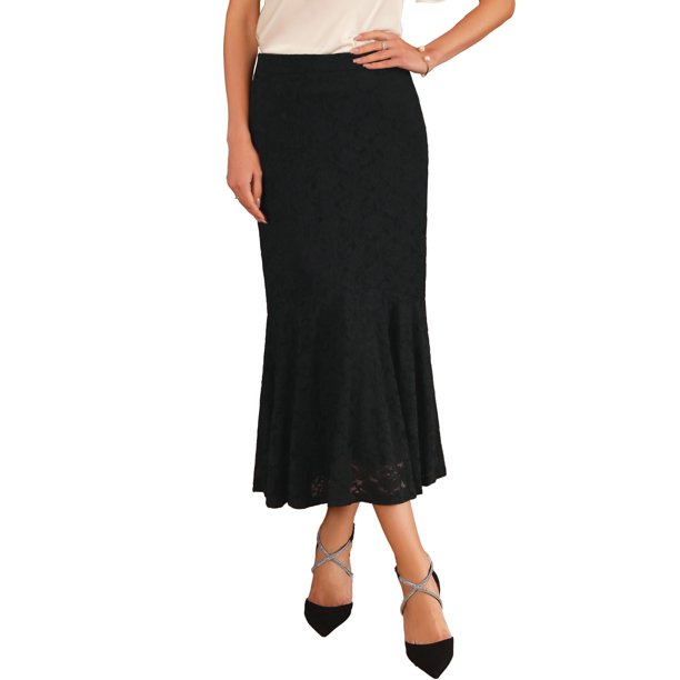 INSPIRE CHIC Falda de Encaje Floral para Mujer con Volantes en el Dobladillo, Cintura Alta, Falda Midi de Cóctel M Negra