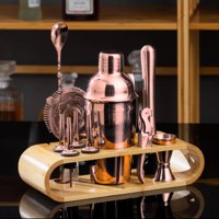 Santú Home & Deco - Set De Coctelería Metálico Rosa Con Soporte Madera Bartender