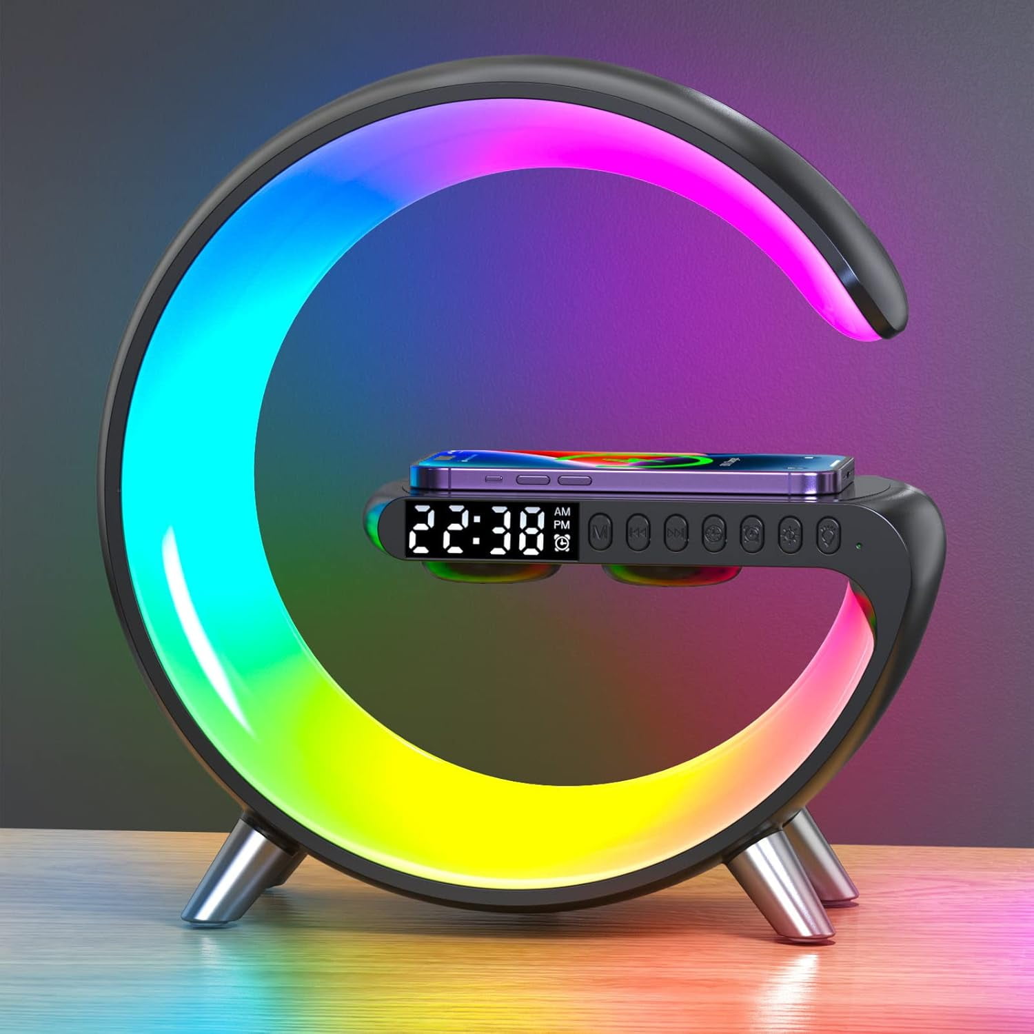 Genérico - Soporte De Carga Inalámbrica Multifuncional Para Smartphones Con Altavoz De Reloj Despertador App Luz Rgb Estación De Carga Rápida