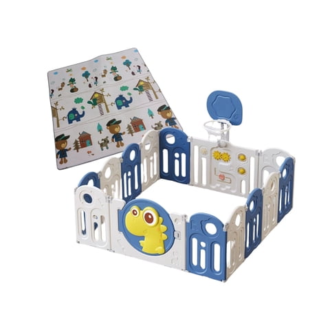 Babyluna - Corral 14 Piezas Bebé Plegable Alfombra Y Juegos Dino Azul