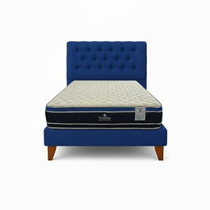 Vitelio - Cama 1 Plaza Azul Oscuro Capitone + Colchón Ortopedic