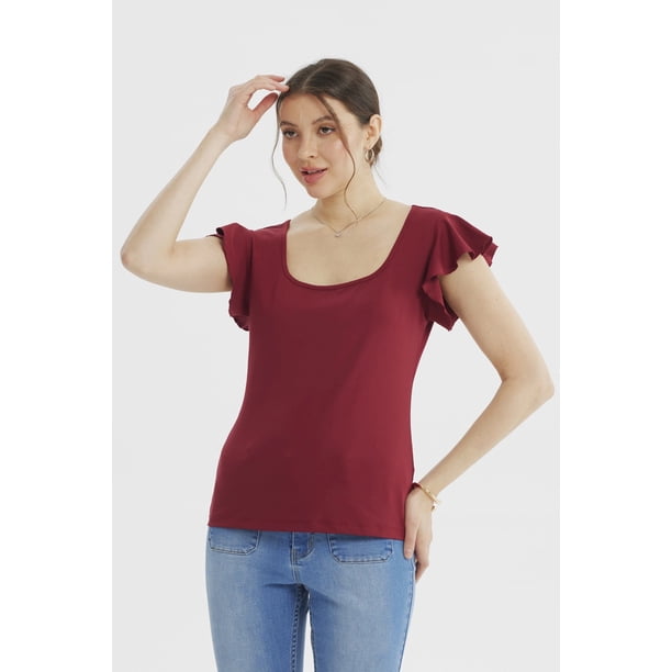Polera Mujer Con Vuelo Escote Cuadrado Burdeo