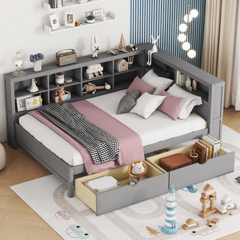 M&Ms - Wooden Full Size Daybed With 2 Drawers, Daybed With Storage Shelf And Usb Charging Ports,Grey