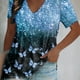 thumbnail image 1 of Plus Size Casual Top, Women's Plus Colorblock Butterfly Print Short Sleeve V Neck Slight Stretch Tee, 1 of 3