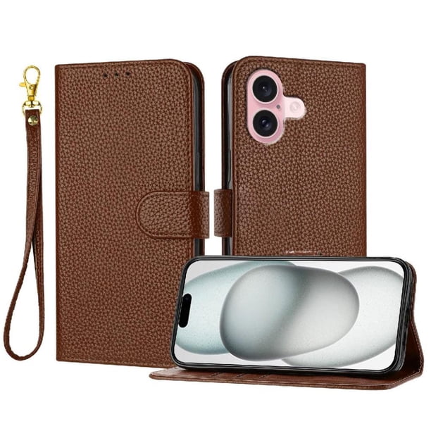 Funda Cartera para iPhone 16 Plus Tarjetero Soporte Magnético y Correa Marrón