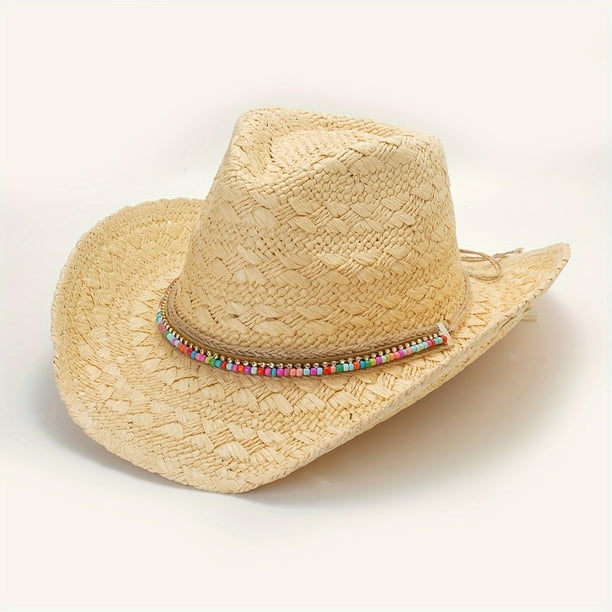 Boho Western Cowboy Straw Hat - Hand Woven Faux Jade Chain Decor Hat for Women, Men, and Unisex - Perfect for Summer Beach and Casual Wear