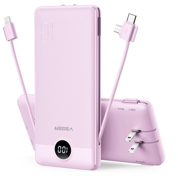 Cargador Portátil De 10000 Mah Con Cables Integrados Color Morado