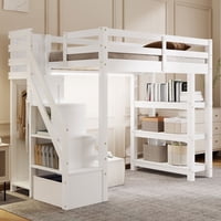 M&Ms - Twin Size Loft Bed With Shelves, Storage Staircase, Small Wardrobe And White Led Light, White