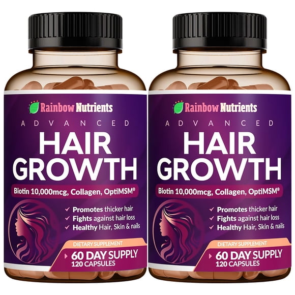 Vitaminas para el crecimiento del cabello, Rainbow Nutrients, biotina, 10,000 mcg x2