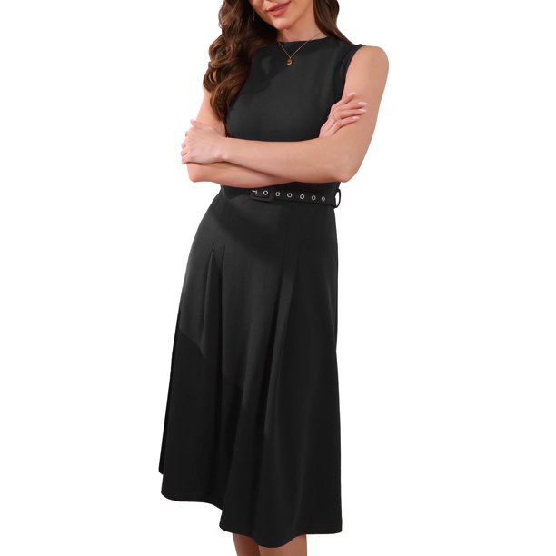 INSPIRE CHIC Vestido de Mujer sin Mangas Cuello Redondo Cintura Alta Línea A Vestidos de Oficina S Negro