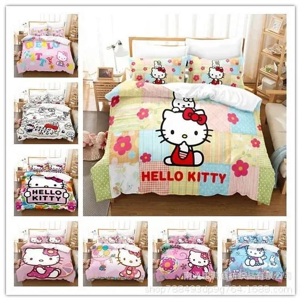 Sanrio Kuromi HelloKitt Kawaii Cartoon 3D Digital Printing Quilt Cover Pillowcase Bedding Three-piece Set Cosplay Best Gift Bed Sheets