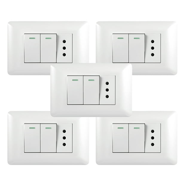 Pack 5 Tomacorriente Simple 10A 250V + Interruptor Doble 9/12 10A 250V Blanco