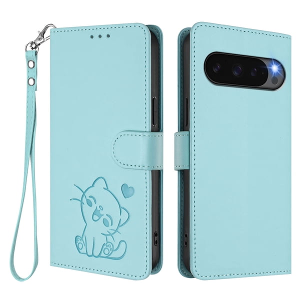 Funda de Gato tipo Libro para Google Pixel 9 Pro XL 5G, Verde Claro