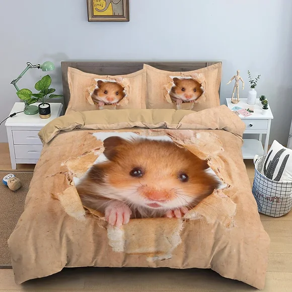 x1310 Bed SheetsCute Dog Bedding Set Hamster Cat Animals Duvet Cover Quilt Cover With Pillowcase Twin ​ Size Comforter Covers Home Textile 3-Piece Bedding Set (1 Duvet Cover + 2 Pillow Shams) nj1310