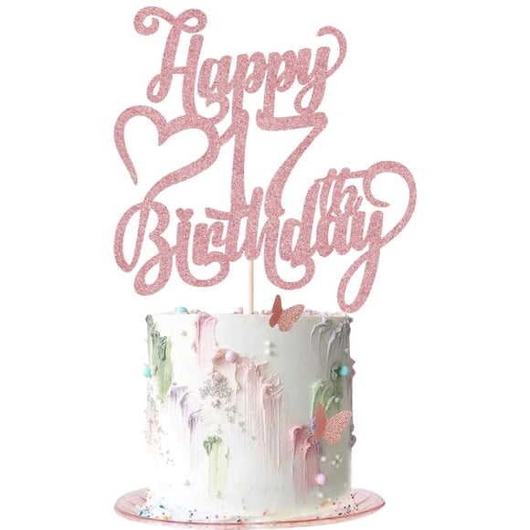 Adorno para tartas AROKIPPRY con purpurina en oro rosa, feliz 17 cumpleaños