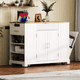 thumbnail image 3 of K&K Fluted Kitchen Island with Trash Can Storage Cabinet, Power Outlet, Internal Storage Rack, Rolling Kitchen Islands on 5 Wheels with 3 Drawer, 3 Open Side Racks for 10 Gallon Garbage Bin, White, 3 of 3
