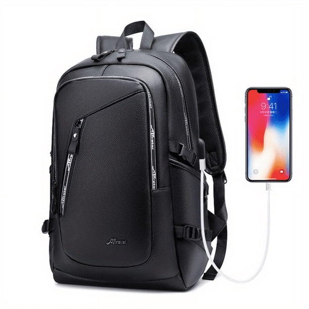 Leather Laptop Backpack For Women & Men, PU Vintage Travel Daypacks With USB Charging Port 15.6 Inch Laptop
