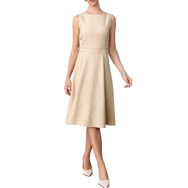 INSPIRE CHIC Vestido Casual de Negocios para Mujeres sin Mangas Cuello de Barco Línea A Vestidos de Trabajo Midi XS Beige