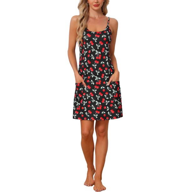 INSPIRE CHIC Vestido de Dormir para Mujer con Espalda de Corredor y Bolsillos, Tirantes Ajustables Suaves, Camisón Ropa de Casa S Cerezas