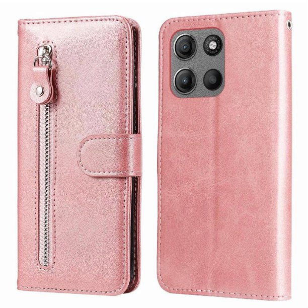 Funda tipo cartera para Motorola Moto G15 con bolsillo con cremallera y ranuras para tarjetas – Función de soporte Rosa