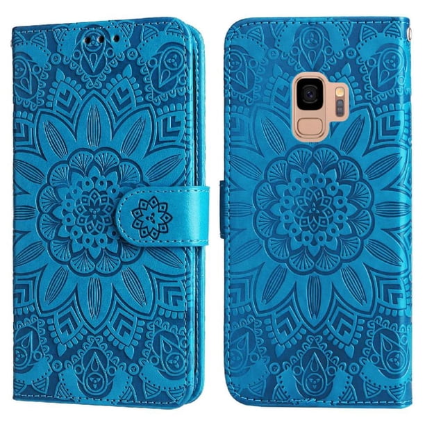Funda tipo cartera FOXDOCK para Samsung Galaxy S9 , diseño girasol en relieve, cuero PU, cierre magnético, soporte y tarjetero