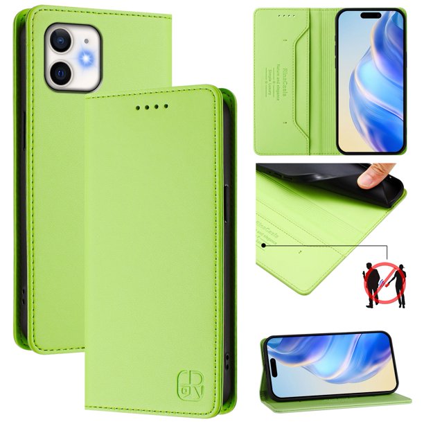 Funda Billetera con Soporte para iPhone 12/12 Pro Bloqueo RFID Plegable Verde claro
