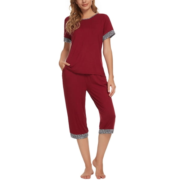 INSPIRE CHIC Conjunto de Pijama para Mujer Cuello Redondo Manga Corta con Pantalones Capri Ropa de Dormir Casual XL Rojo