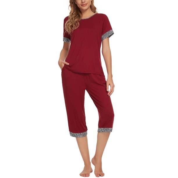 INSPIRE CHIC Conjunto de Pijama para Mujer Cuello Redondo Manga Corta con Pantalones Capri Ropa de Dormir Casual XL Rojo