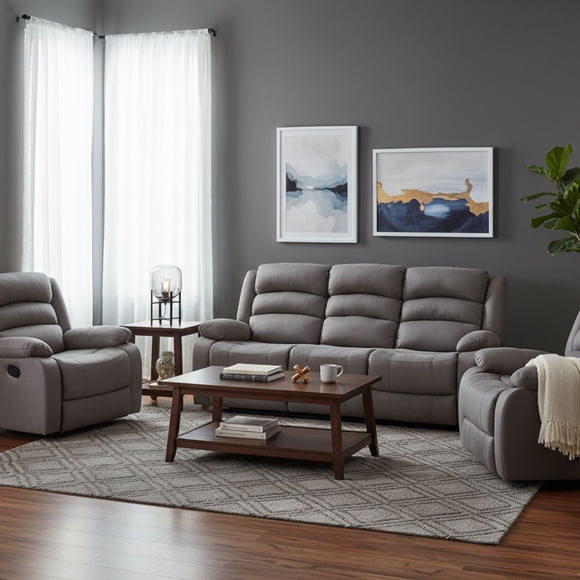 Living Reclinable 1 Sofá 3 Cuerpos + 2 Bergers New Praga Gris