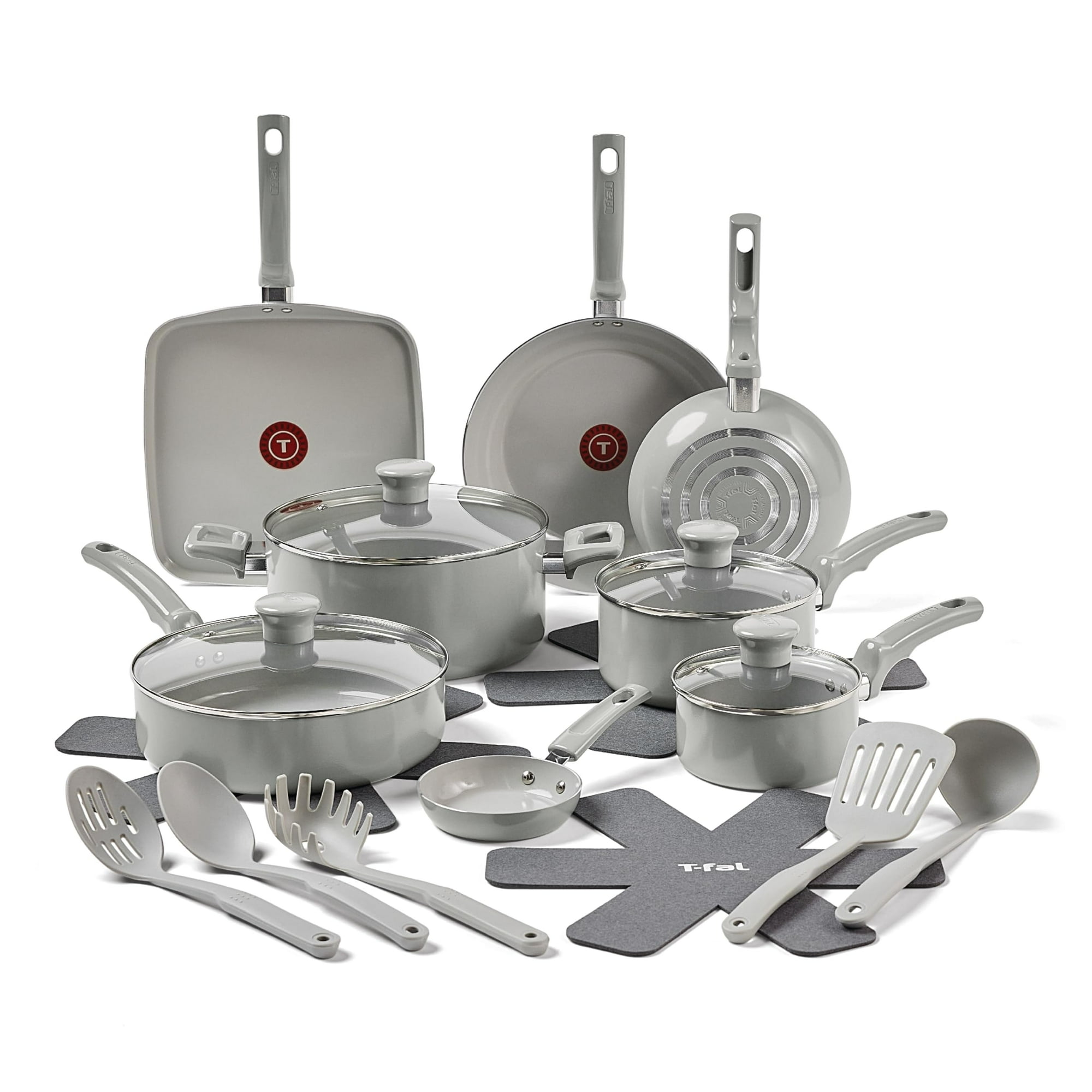 Juego De Utensilios De Cocina T-fal Refresh Ceramic, 20 Piezas, Con Utensilios, Color Gris Luna