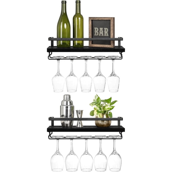 Mkono Wall Mounted Wine Rack, Wine Glass Holder with Wood Shelf