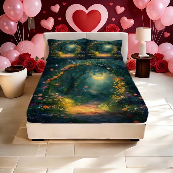 Enchanted Moonlight Garden Path Printed Fitted Sheet Set a Must-have for Home and Guest Rooms with Deep Pockets to Stay Securely in Place The Perfect Gift for H