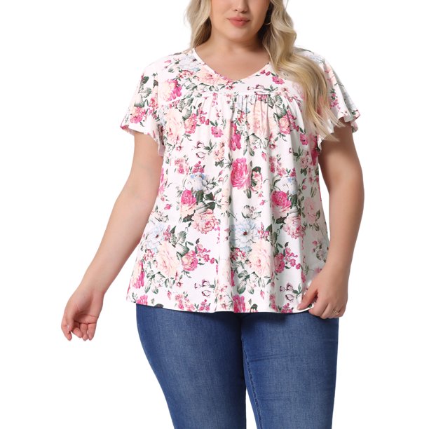 Agnes Orinda Blusas de Verano Casual de Talla Grande para Mujer con Estampado Floral, Volantes, Pliegues, Cuello en V, Manga Corta 1X Blanco Rosa Floral