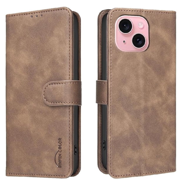 Funda Billetera para iPhone 14 Plus Protección RFID y Soporte Ajustable Marrón