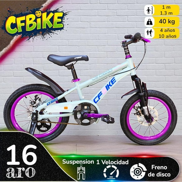 Bicicleta Aro 16 Cfbike Con Freno Disco Gris Morado (Log Azul)
