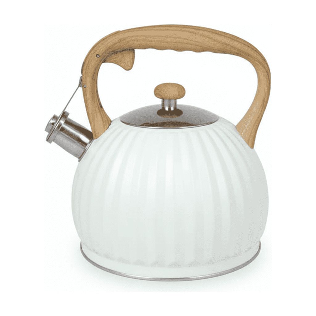 Baima - Tetera Silbadora 23Cm Acero Inoxidable Diseño Acanalado Mango Tipo Madera 3L Negro Y Blanco