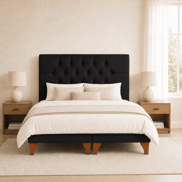 Cama 2 plaza Capitoné + Respaldo 2P Capitone Negro + Colchón 2P Mery Desing