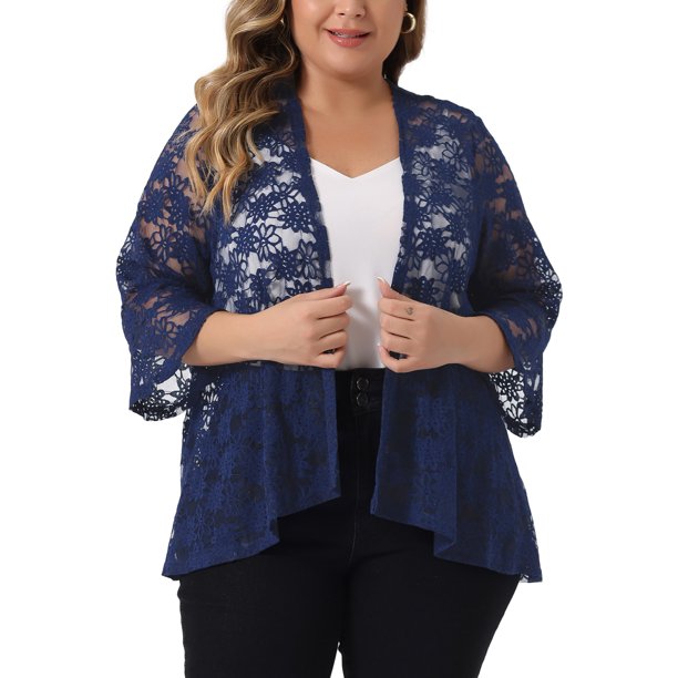 Conjuntos de Halloween de Agnes Orinda para mujeres de talla grande, cárdigans de colegio escolar, mangas acampanadas 3/4, encaje transparente floral, bolero, color azul L