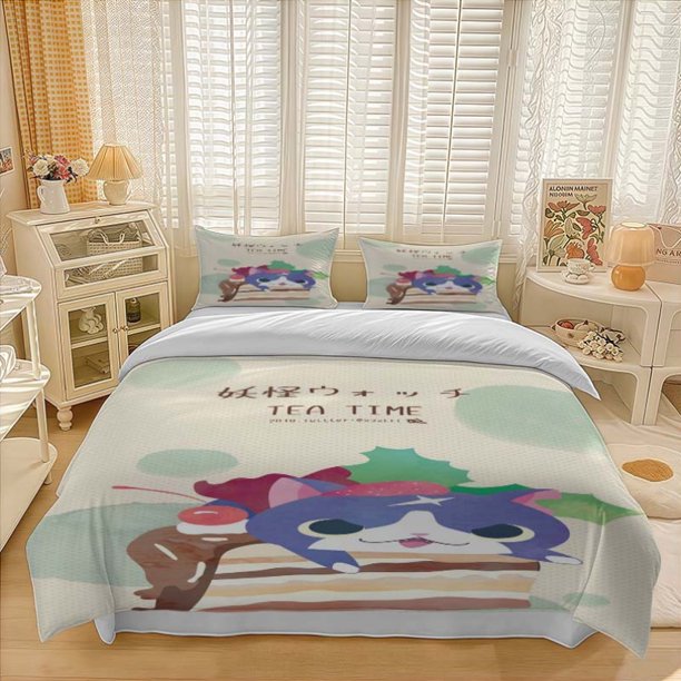 3pcs Meow Cake Tea Party Pattern Bedding Set Soft And Comfortable Bedding Set Suitable for All Seasons