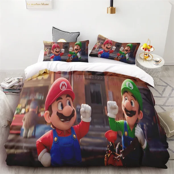 3pcs Duvet Cover Super Happy Mario Day Fireworks Cartoon Characters Children's Holiday Gift Single Double Bed Queen King Size Bed Sheets