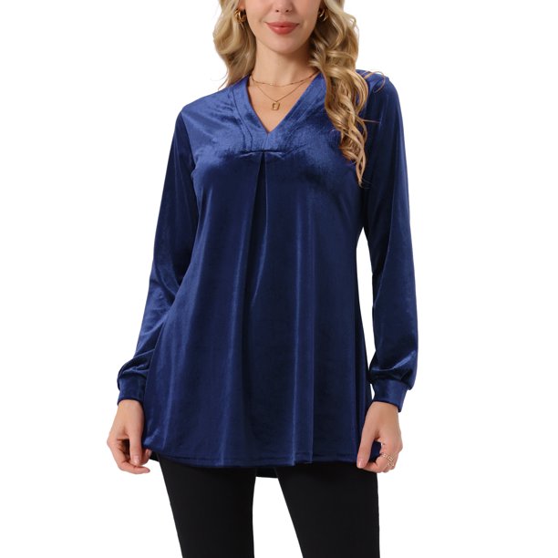 Elegante Top de Terciopelo para Mujer con Cuello en V y Mangas Largas para Ocasiones Casuales y Formales L Azul Oscuro