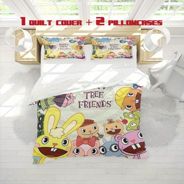 3pcs Happy Tree Friends Character Collection Printed Three Piece Bedding Set Soft Quilt Cover And Two Pillowcases