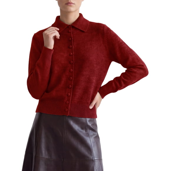 INSPIRE CHIC Cárdigan de Punto con Cuello para Mujer, Botones al Frente, Manga Larga, Suave y Cálido para Otoño e Invierno, Oficina, Casual, Elegante, Grande Rojo