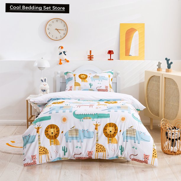 Cartoon Animals Duvet Cover Lion Giraffe Crocodile Bedding Set for Kids Boys Wildlife Polyester Quilt Cover Bed Sheets